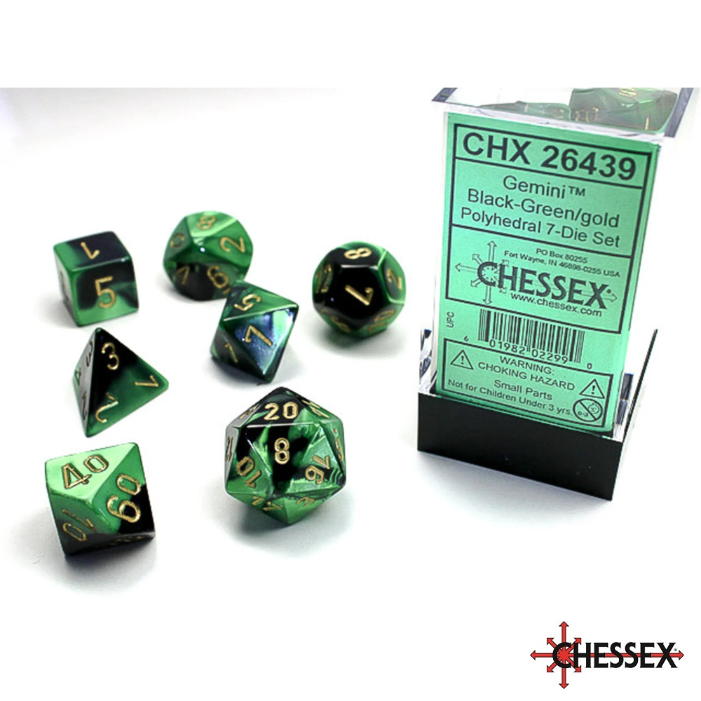 Chessex - 7 - Die Set - Gemini - Black-Green/gold [CHX26440]